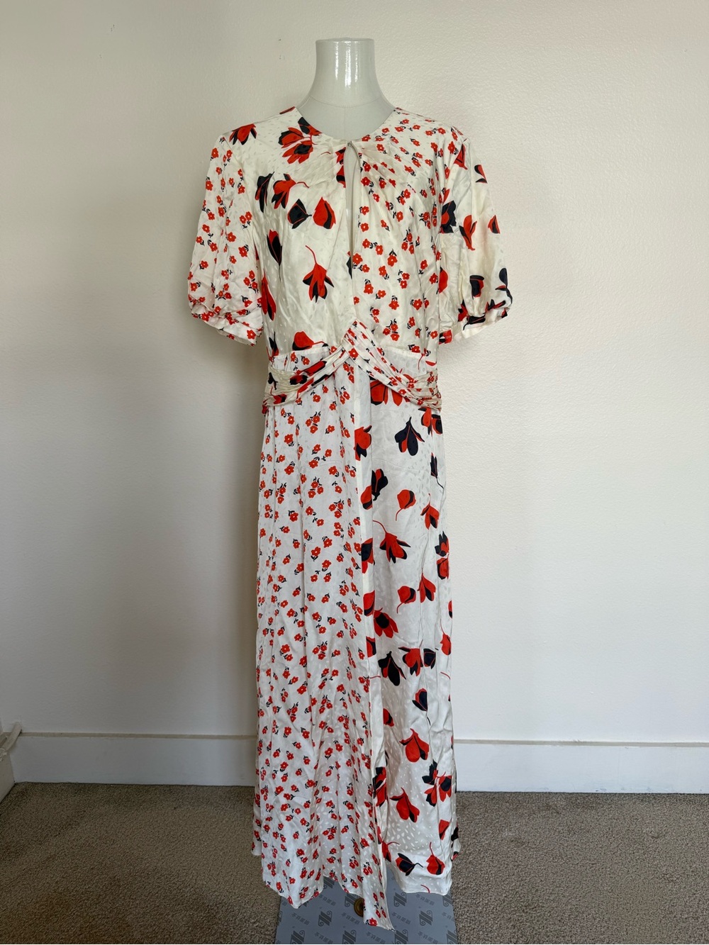 Self-Portrait White Maxi Dress with Red & Black Floral Print